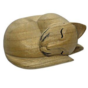 Smiling Hand-Carved Wooden Sleeping Cat Figurine Decor